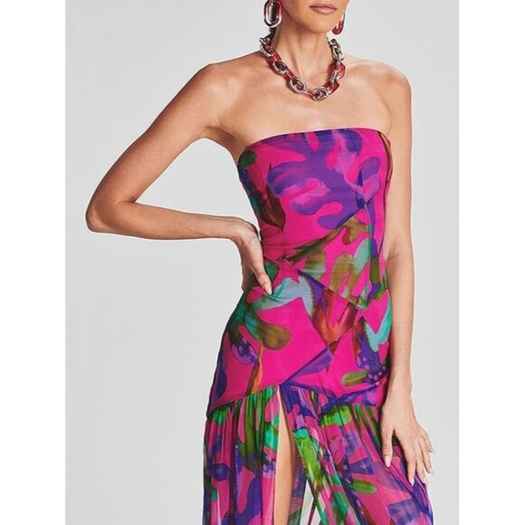 Women Strapless Tube Top Tiger Stripe Mesh Maxi Dress Sexy High Slit Party Dress - Picture 5 of 5